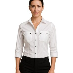 Anne Klein 12 White Snap Button Front Roll Tab Elbow Length Shirt Blouse Preppy